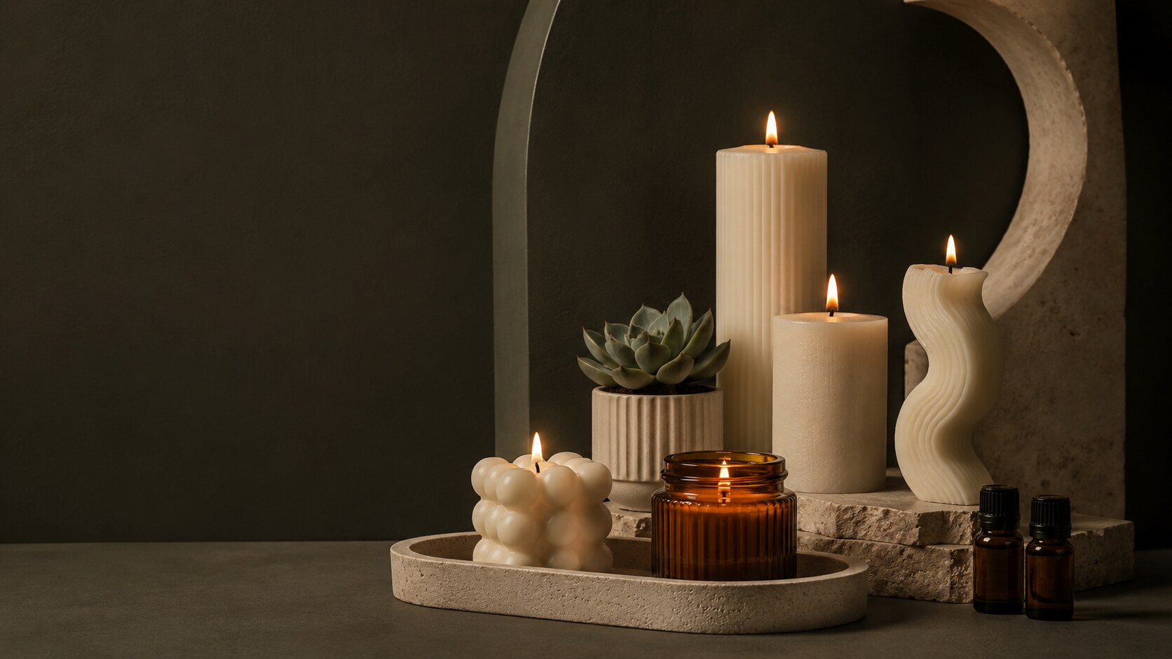Sculptural candles, a candle jar and artisan decor